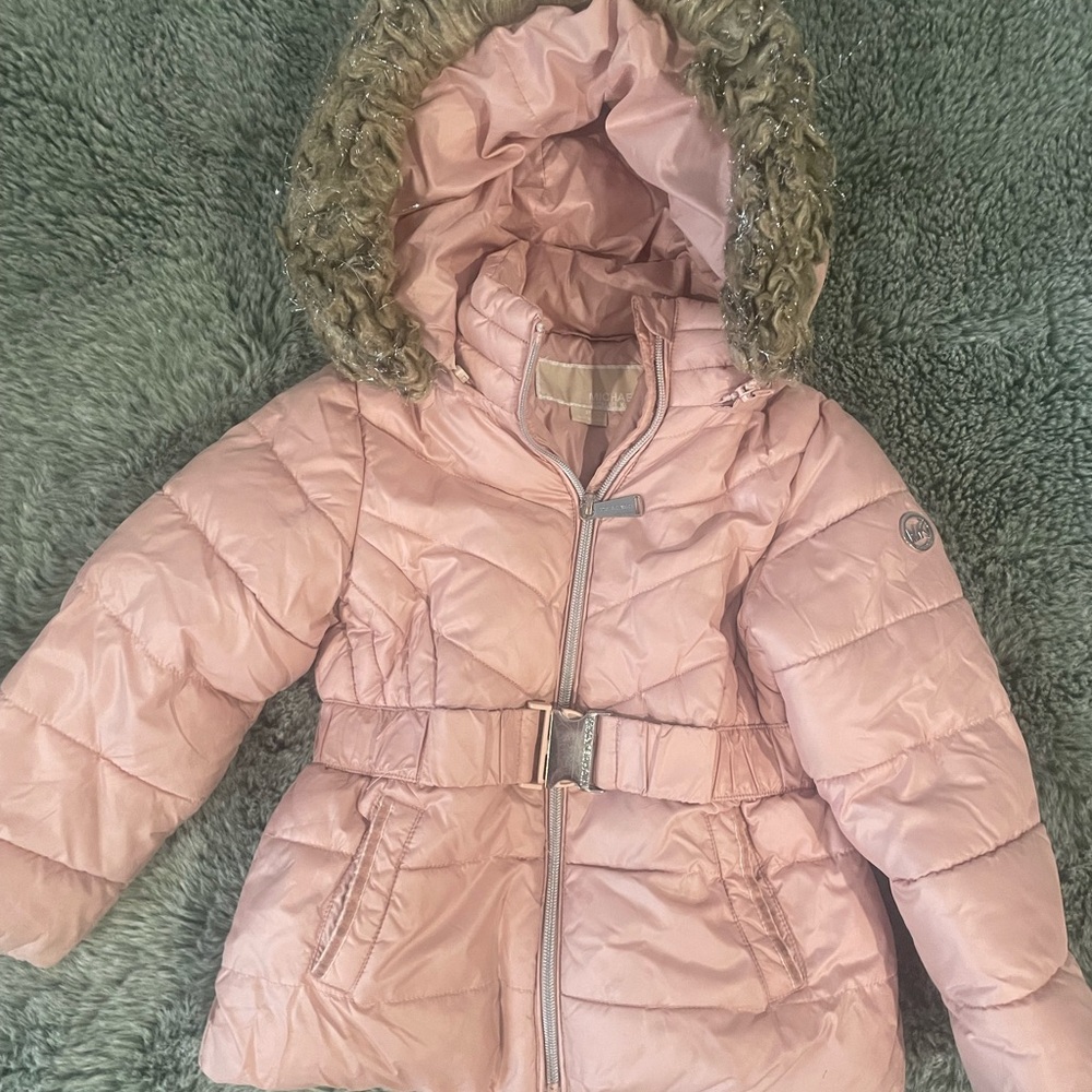 Michael Kors Light Pink Puffer Jacket with Faux Fur Trim